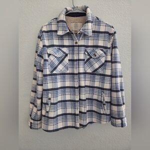 Medium Women's Blue and White Plaid Jacket